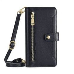 Sleek black iPhone wallet cases for girls featuring sophisticated textures and functional card storage.