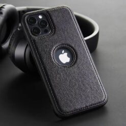 Black leather iPhone cover with a sleek, refined design, offering durable protection and a stylish, premium finish.