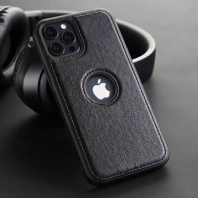 Black leather iPhone cover with a sleek, refined design, offering durable protection and a stylish, premium finish.