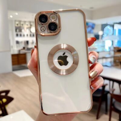 Transparent iPhone cover with a gold accent design, offering stylish protection while showcasing a sleek, elegant look.