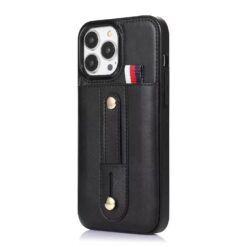 Black wallet-style iPhone cover with card slots, offering sleek protection and convenient storage for your essentials.