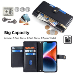 Black iPhone case for girl wallet design. Stylish Black iPhone wallet cases for girls featuring chic colors, secure card slots, and functional, elegant designs.