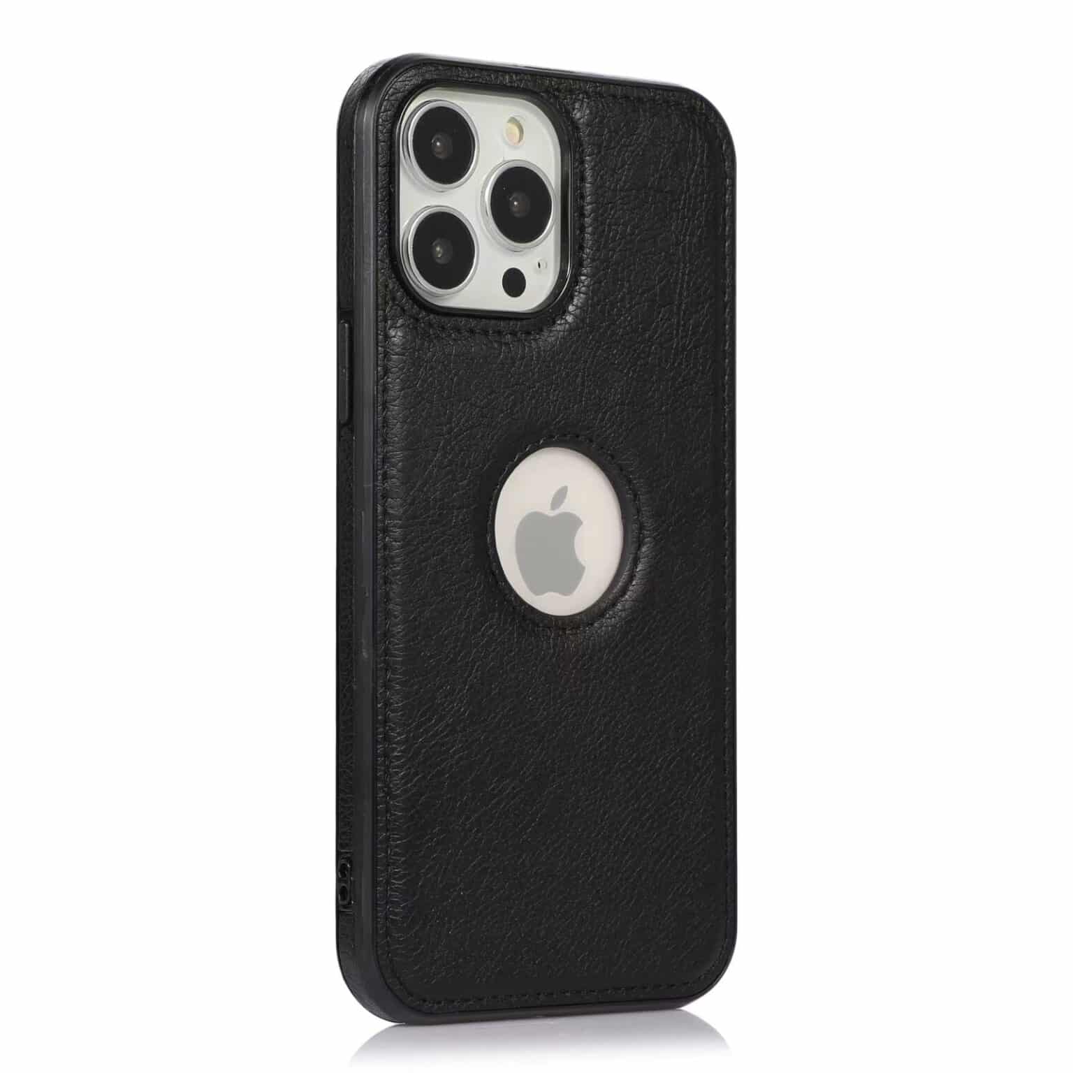 Black leather iPhone cover with a sleek design, offering stylish protection and a premium, durable finish for your device.