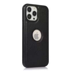 Black leather iPhone cover with a sleek design, offering stylish protection and a premium, durable finish for your device.