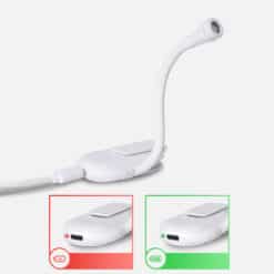 A compact, black clip-on book reading light with a flexible neck and an LED lamp for nighttime reading.
