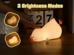 Adorable reclining lazy duck night light made of soft silicone, glowing with a warm, dimmable light on a dark surface.