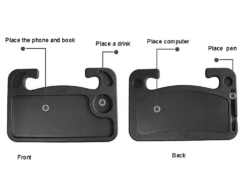 Convenient car steering wheel desk for working or eating on the go, with a sleek black front and back design for easy use.