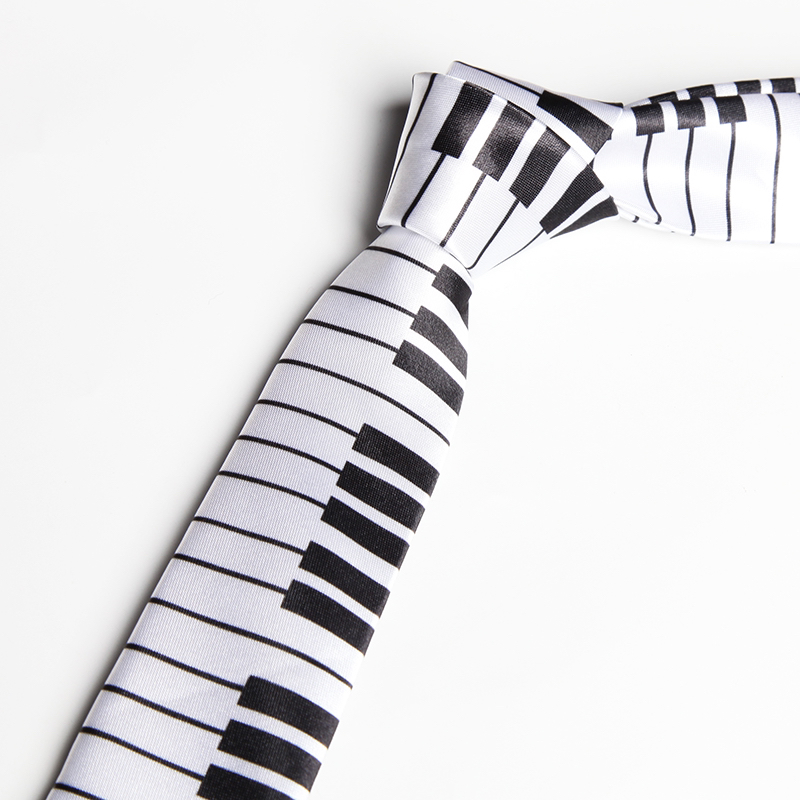 Necktie featuring a piano and musical instrument design, perfect for music lovers seeking a creative and stylish accessory.
