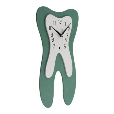 Tooth Wood Green Dentist wall clock, a whimsical and vibrant timepiece, ideal for adding character to dental offices or playful spaces.
