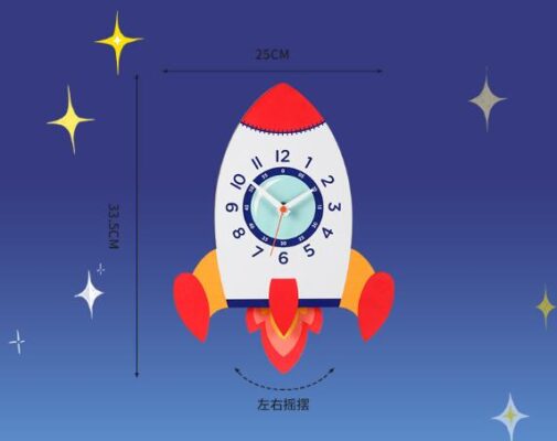 Kids Space Wall Clock, a fun and colorful timepiece featuring a rocket design, perfect for adding excitement to a child's room.
