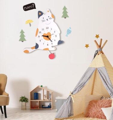 Kids Cat Wall Clock, a charming and colorful timepiece featuring a cute cat design, perfect for adding personality to a child's room.