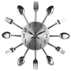 Kitchen Wall Clock Utensils Silver, featuring a sleek design on a white background, perfect for adding style and function to your kitchen.
