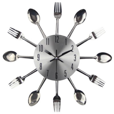 Kitchen Wall Clock Utensils Silver, featuring a sleek design on a white background, perfect for adding style and function to your kitchen.