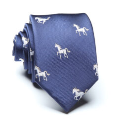 Navy blue polyester horse necktie with a stylish horse design, offering a classy and unique touch to any formal or casual look.