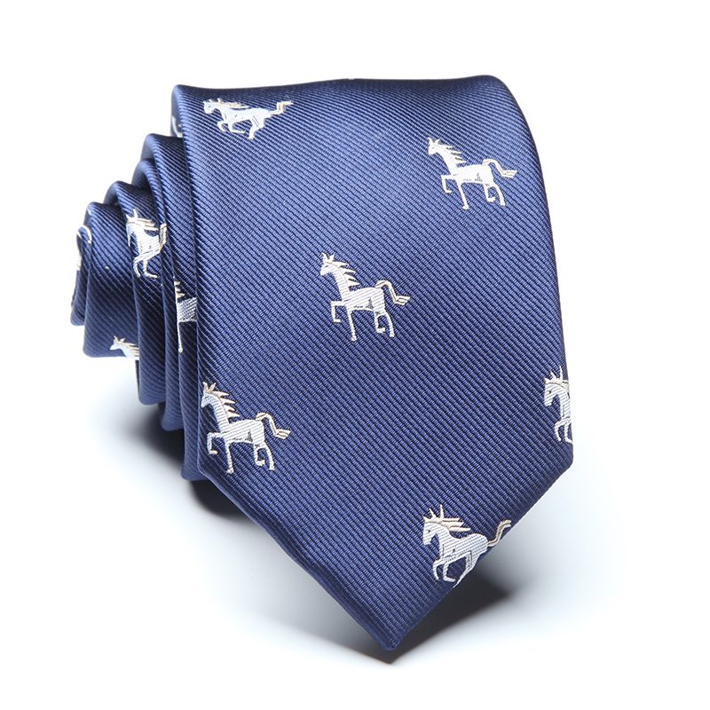 Navy blue polyester horse necktie with a stylish horse design, offering a classy and unique touch to any formal or casual look.