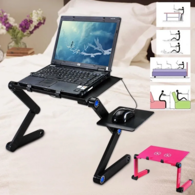 Portable foldable laptop desk adjustable with cooling fan and mouse stand, designed for comfort, efficiency, and portability for work or study.