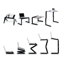 Portable foldable adjustable laptop desk with cooling fan and mouse stand, a practical and space-saving solution for efficient work anywhere.