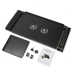 Portable foldable adjustable laptop desk with cooling fan and mouse stand, designed for comfort and convenience while working on the go.