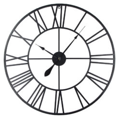 Decorative 80cm metal skeleton wall clock in a distressed black finish, showing the wall through its design.