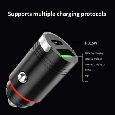 Car phone charger with USB-C and USB-A ports, providing fast and efficient charging for multiple devices on the go.
