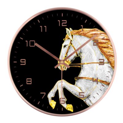 Horse wall clock design, capturing elegant details and dynamic motion, perfect for art lovers and equestrian enthusiasts.