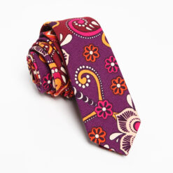 Purple art necktie with a pink and orange floral pattern on cotton fabric, offering a bold, vibrant, and stylish touch to any outfit.