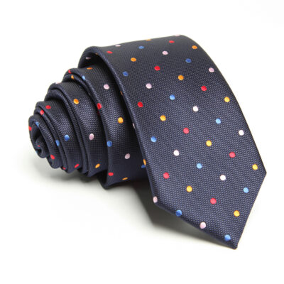 Navy Blue polka dots necktie featuring vibrant red, blue, yellow, and pink dots, adding a playful and colorful touch to formal wear.