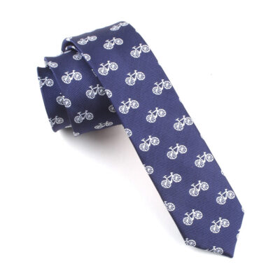 Navy blue bicycle necktie featuring a unique bicycle design, perfect for adding a touch of personality and style to any formal or casual look.