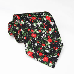 A bold red, white, and green floral red rose necktie, perfect for adding a touch of color and elegance to your formal or semi-formal attire.