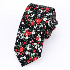 A vibrant red, white, and green floral necktie, adding a bold and stylish touch to any formal or semi-formal outfit.